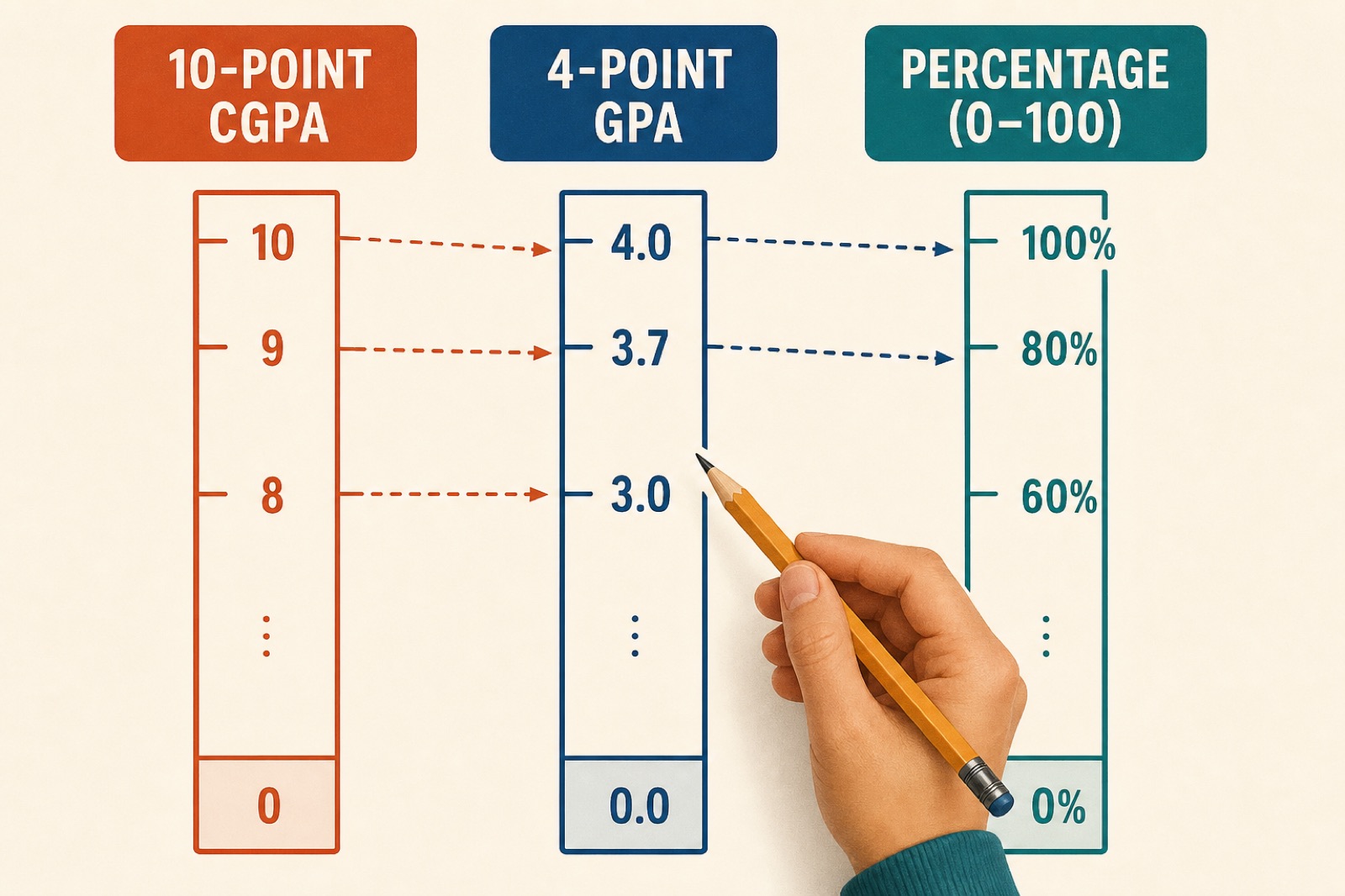 Three grade ladders side by side: 10-point CGPA, 4.0 GPA, and percentage