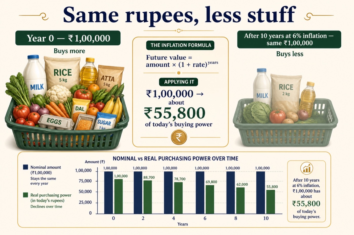 Two grocery baskets showing the same rupees buying less after 10 years of inflation