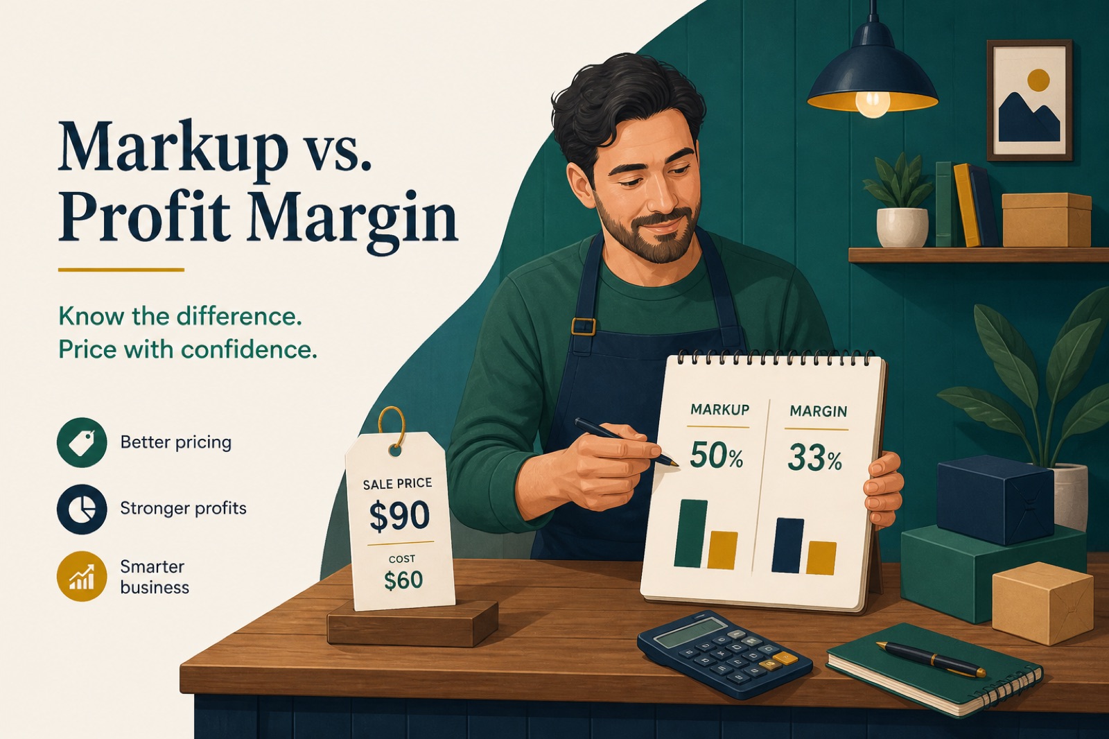 Shop counter comparing a 50% markup column with a lower 33% margin column
