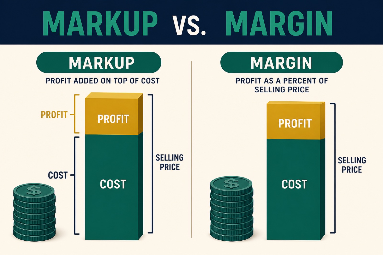 Cost stacked under profit for markup, versus profit as a slice of selling price for margin