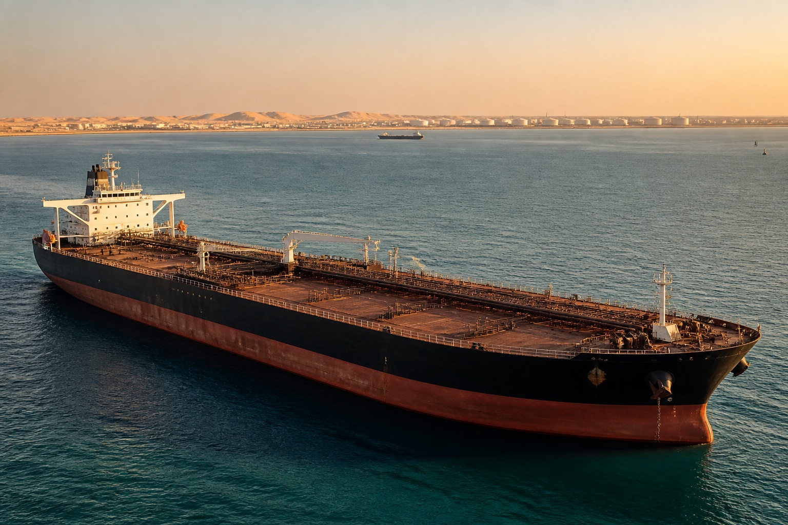 An oil tanker on the Persian Gulf, the kind of vessel whose route through Hormuz now carries a war-risk premium