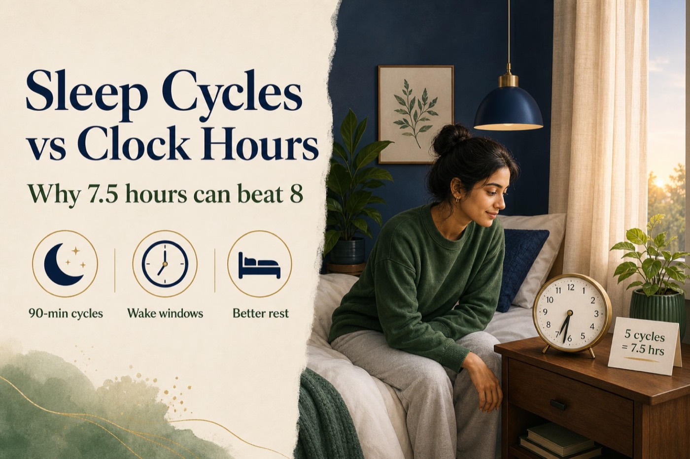Bedroom scene comparing 90-minute sleep cycles with a clock-hour alarm
