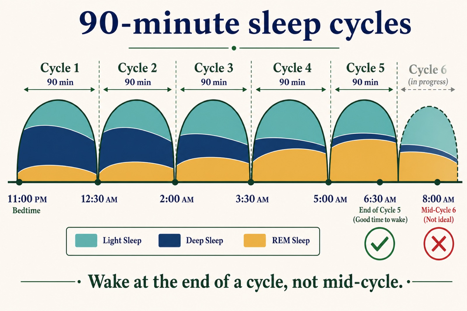 Timeline of five 90-minute sleep cycles with a mid-cycle 8 a.m. alarm marked as a miss
